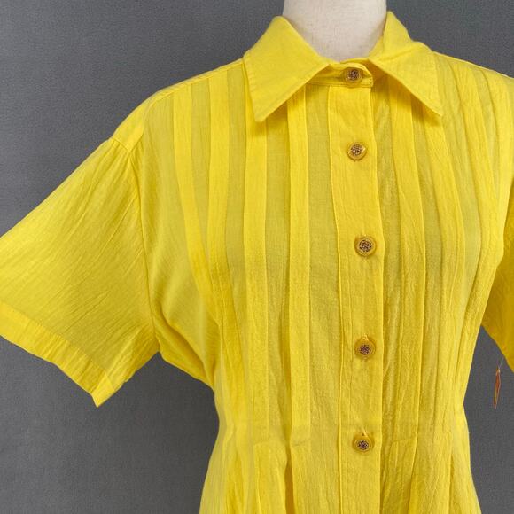 Vtg 80s 90s Two Potato Button Down Tie Back Short Sleeve Maxi Dress L Yellow NOS - Picture 6 of 16